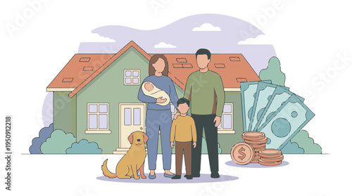 Family, house, dog, and money illustration for home and financial security