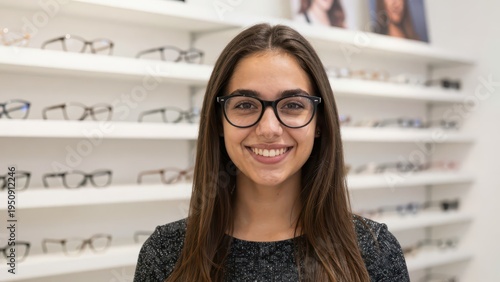 Young Woman Wearing Glasses in an Eyewear Store with Frames Displayed on Shelves