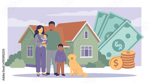 Family, new home ownership, and financial planning concept illustration