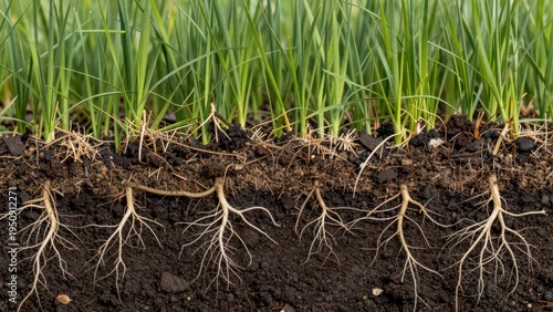 Young Green Wheat Plants Growing in Soil with Visible Roots and Healthy Shoots