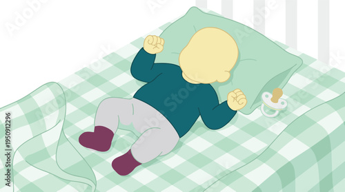 Peaceful baby illustration with a pacifier on a checkered blanket