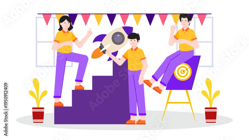 Business people climbing stairs towards a rocket for career growth