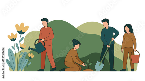 Diverse group of people gardening, planting trees, and watering flowers