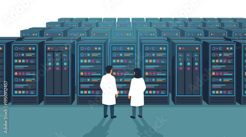 Researchers or IT professionals in a data center with rows of glowing servers