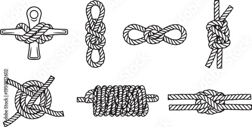 Illustrations of various types of knots used in rope work and sailing Vector