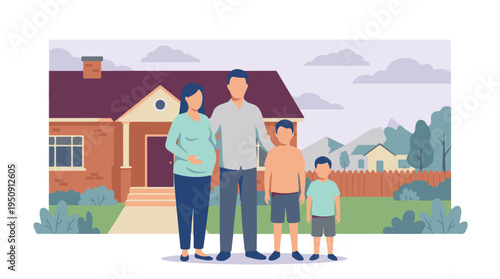 Happy family with pregnant mother and two children in front of their home