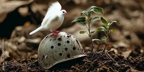White Dove of Peace Perched on Helmet with New Life Sprouting Amidst War-Torn Ruins