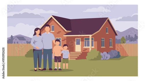 Happy family with two sons and pregnant mother in front of their new house