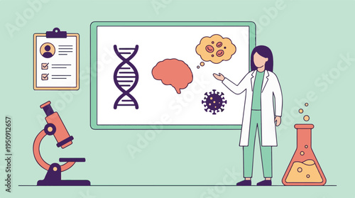 Female scientist explaining medical and biological research concepts