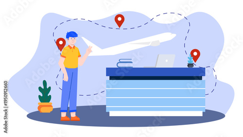 Businessman standing in front of a desk with an airplane flight path