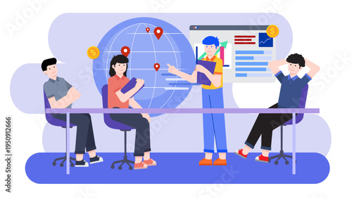 Professional team discussing international market growth and data