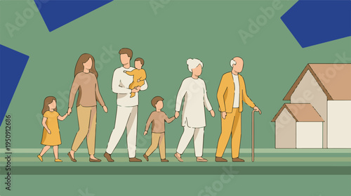 Multi-generational family walking together, passing by houses