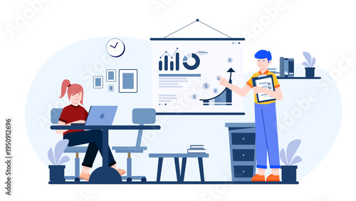 Mentor presenting business growth charts to a professional employee