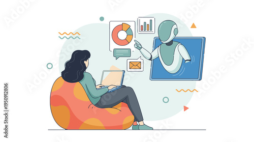 Woman using laptop with AI assistant for data analysis and communication