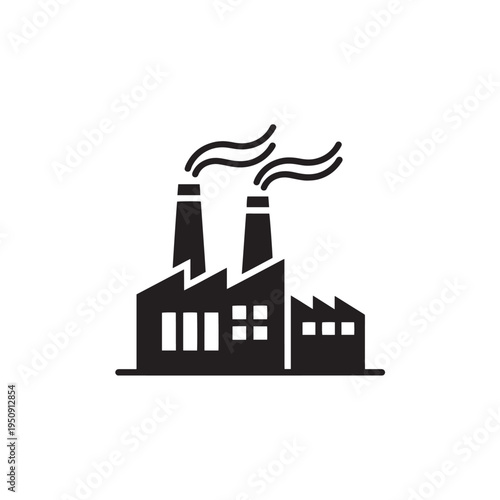 Solid Black Factory Icon, Simple 2D Flat Logo, Minimal Silhouette Isolated on White Background