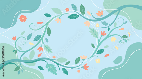 Botanical frame with branches, leaves, and vibrant flowers on a light blue background