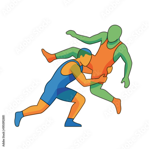 Dynamic flat design illustration of two determined wrestlers locked in an intense grapple, showcasing athletic prowess and competitive spirit in a dreamlike, clean style