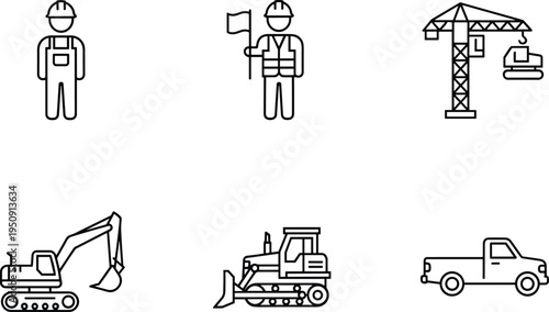 Set of construction line icons including engineer worker tower crane excavator bulldozer and pickup truck isolated on white background for industrial building architectural design illustration
