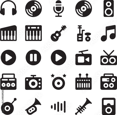 black and white icons of musical instruments and audio equipment on a white background