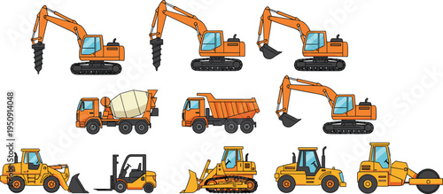 Set of orange and yellow construction vehicles including excavator with drill dump truck concrete mixer road roller bulldozer and forklift isolated on white background illustration