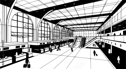 Modern Airport Terminal Interior Vector, Black and White Aviation Travel Design
