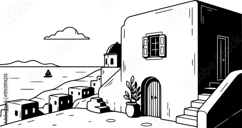 Greek Island Village House Vector Illustration, Black and White Mediterranean Travel
