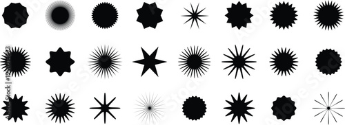 Set of vector round shapes. Sun, sunburst, sunlight, sunshine icons. Circular badges, stamps, labels, price or promocode tags with zigzag and wavy edges. Vector illustration.