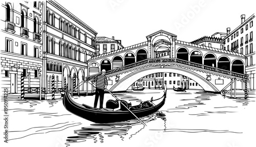Venice Gondola on Canal Vector Illustration, Black and White Italy Travel Art
