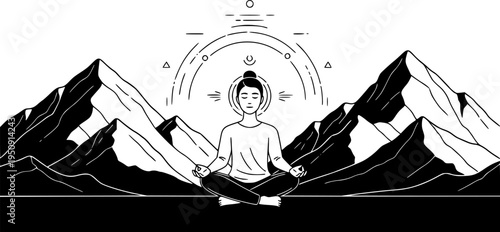 Wellness Tourism Meditation on Mountain Vector, Black and White Mindfulness Art
