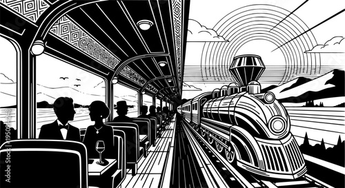 Neo-Deco Luxury Train Travel Vector Illustration, Black and White High-End Tourism
