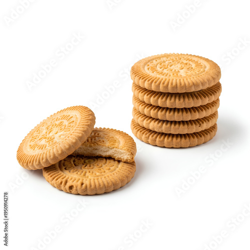 Stack of Round Biscuits and Two Biscuits on a White Background.