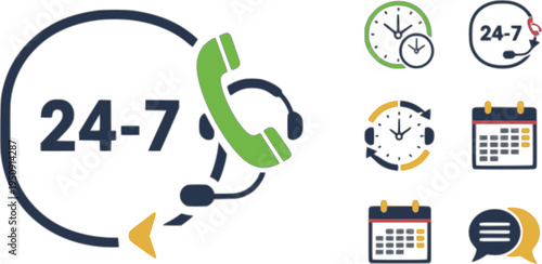24 7 service icon set. 24-7 open, concept with call icon. Support 24 hours a day and 7 days a week. Support service. Vector Illustration. EPS 10
