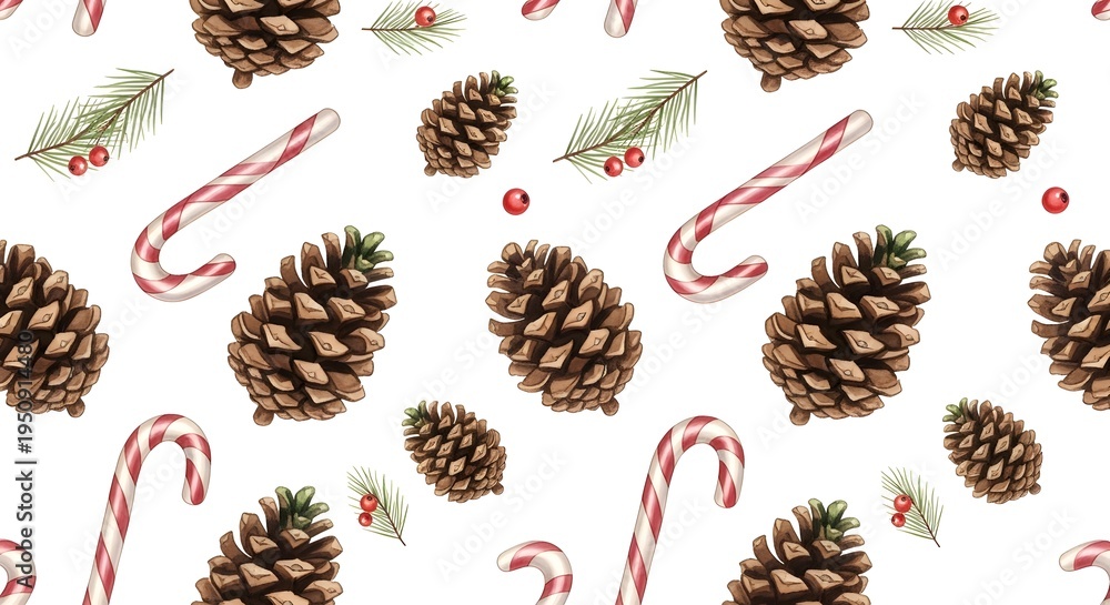 Fototapeta premium Christmas Seamless Pattern with Pinecones, Candy Canes, and Fir Branches