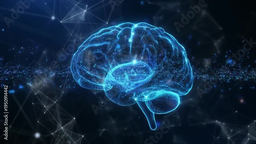 Glowing blue digital illustration of a human brain with neon outlines against a dark background with scattered particles and geometric shapes.