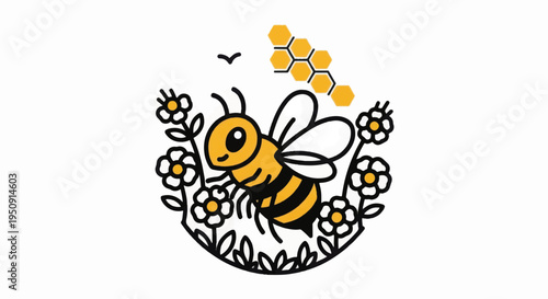 Cartoon Bee Flying Near Flowers Honeycomb.