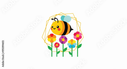 Cartoon Bee Flying Around Colorful Flowers.