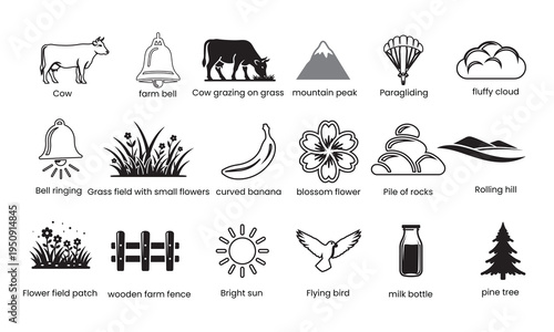Set of 18 simple icons representing nature farm and objects
