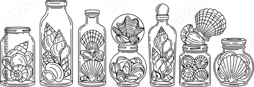 A collection of seashells preserved in glass jars and bottles Vector