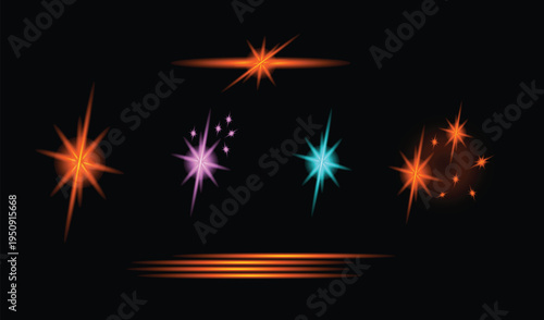 Vibrant multicolored starburst lights on a dark background with reflections