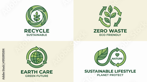 Zero Waste Eco Recycling Logo Set – Green Sustainable Environment Vector Icons