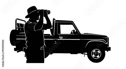 Silhouette of a safari ranger looking through binoculars next to an off-road vehicle