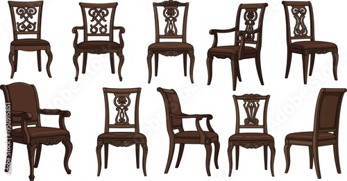 Antique Wooden Chair Furniture Collection with Carved Decorative Backrests, Classic Vintage Seating Design and Ornate Interior Decor Vector Illustration Set