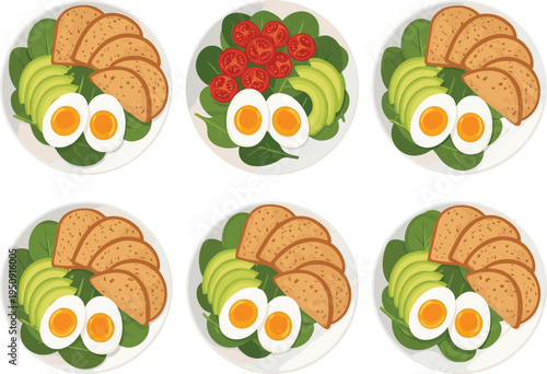 Healthy breakfast plates with avocado toast boiled eggs spinach tomatoes and whole grain bread nutritious meal vector set