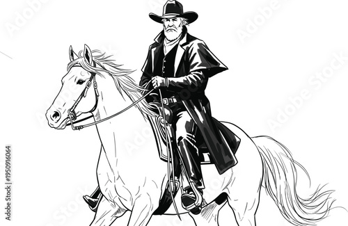 Black and white of cowboy riding horse