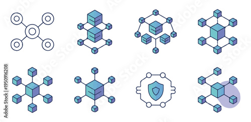 Isometric blue gradient cube icons showing complex network architecture and data security solutions