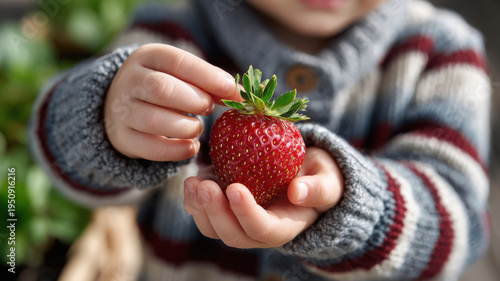 child's hand gently holds freshly picked strawberries in a garden