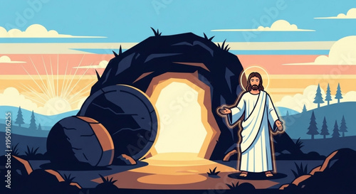 Jesus christ standing before an empty tomb with a bright light symbolizing resurrection and hope