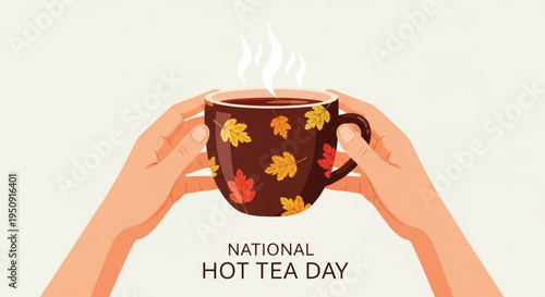 Hands holding steaming hot tea cup with autumn leaves on national hot tea day