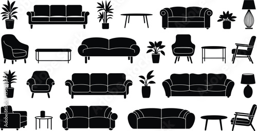 Furniture silhouette set sofa chair table lamp houseplants living room interior elements vector illustration home decor collection