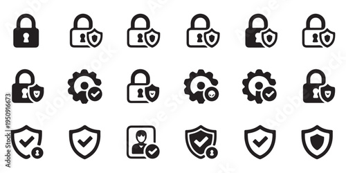 Solid security icon pack including lock protection shields and verified user profiles for software